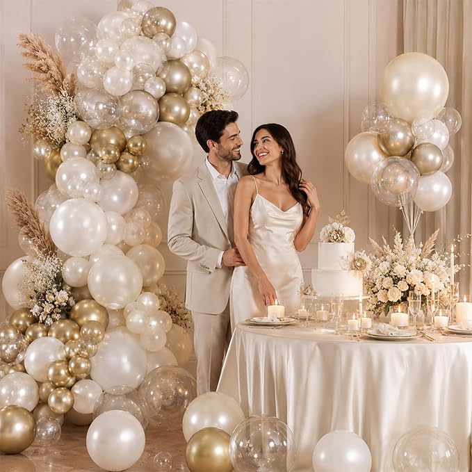 Pearl White Sand Metallic Light Gold Balloons Garland Arch Kit as Engagement - Image 2