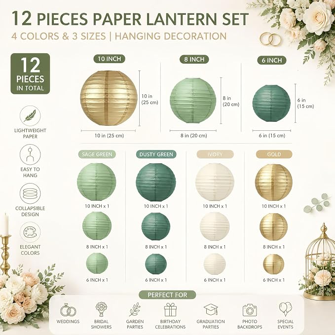 Boho Paper Lanterns Set of 12, 6/8/10 Inch Sage Green, Bridal Shower & Party - Image 4