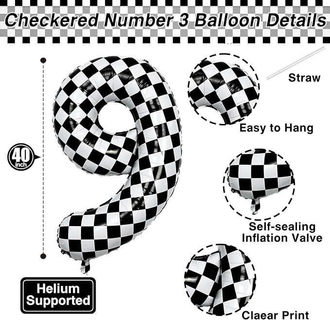 40 Inch Checkered Number 19 Balloon, Giant Foil Helium Party Decor | 40" mylar - Image 3