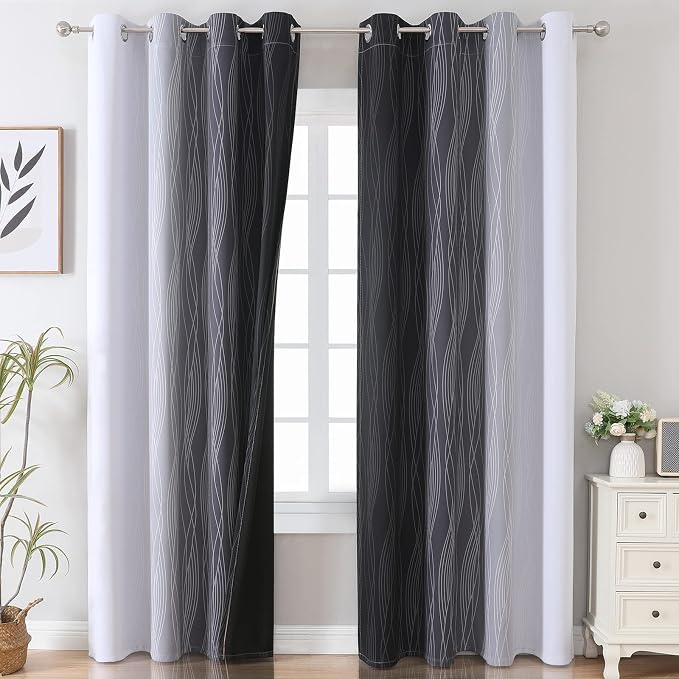 Black and Greyish White Ombre Blackout Curtains 90 Inch Length 2 Panels Set - Image 2