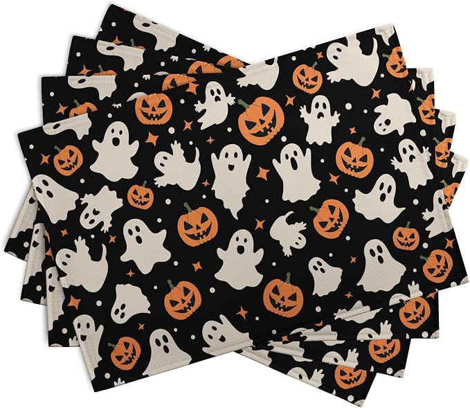 Halloween Placemats Set of 4 12x18 Inch Cute Ghost Pumpkin Table Mats Orange - Image 2
