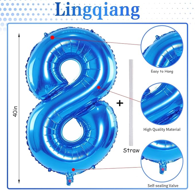 Blue Foil Balloon Number 8, Large Number 8 Digital 8 Helium Balloon - Image 2
