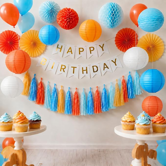 Orange and Blue Paper Tassel, 20 Pack, Party Decorations - Image 2