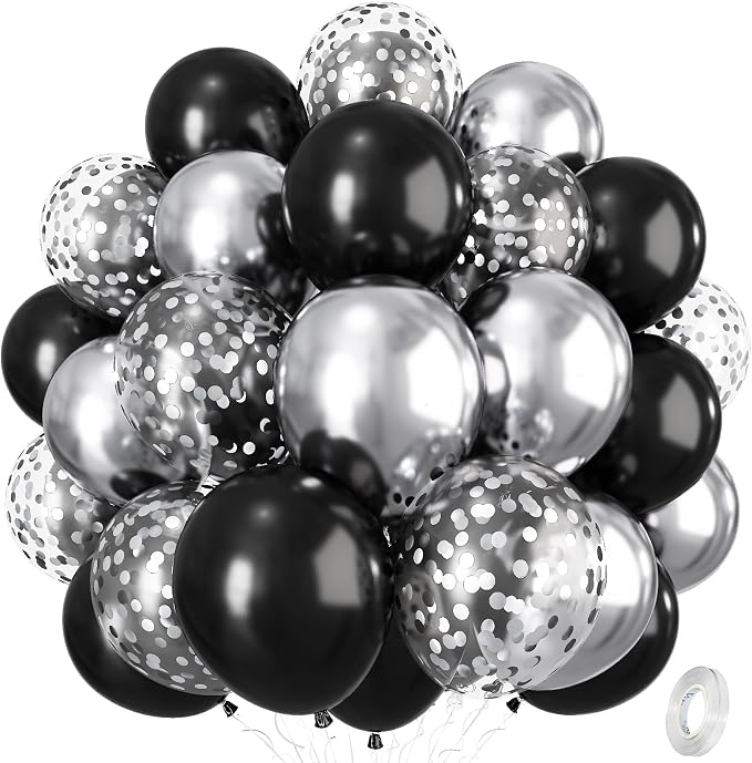 Black and Silver Balloons, 12 Inch Metallic Chrome Black Silver Confetti Latex by Isndare