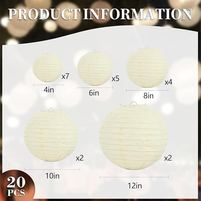 20Pcs Cream Paper Lanterns for Parties, 6” 8” 10” 12” Chinese Asian Hanging - Image 2