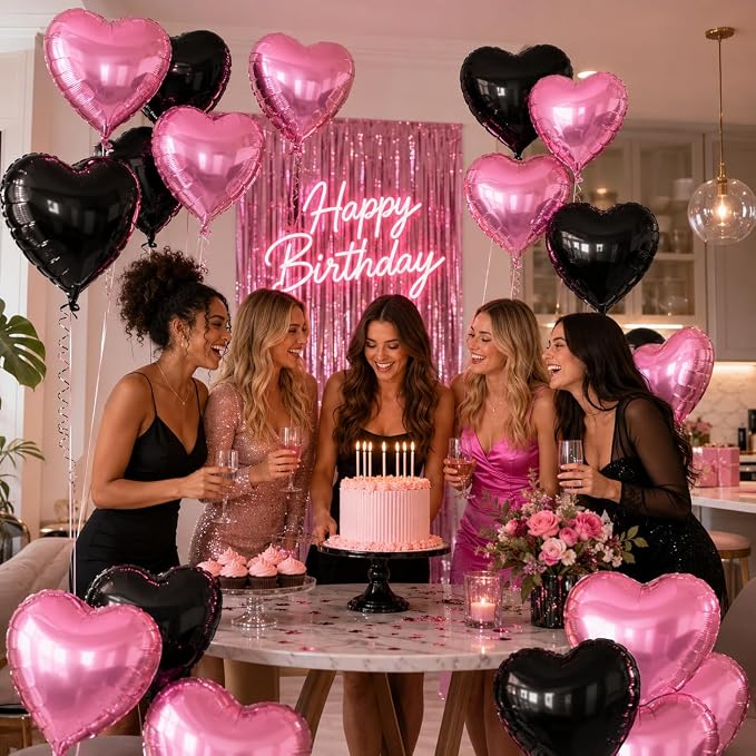 Pink Black Heart Balloons, 18Inch Black Pearl Pink Helium Balloon - Image 3