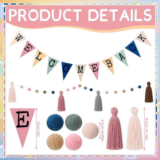 Frienda 2 Pcs Back to School Decor Boho Pom Poms Garland Welcome Back Pom Poms - Image 3