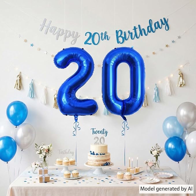 Navy Blue Number 20 Balloon 40 Inch, Shiny Metallic Numeral Party Supplies | - Image 3