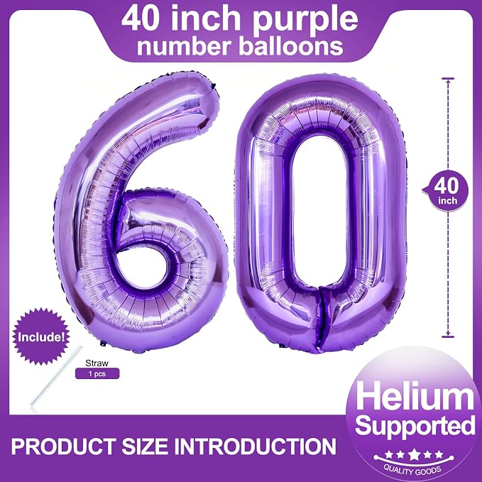 Number 60 Purple Balloons 40 Inch Giant Purple Foil 60 Helium Balloons - Image 2