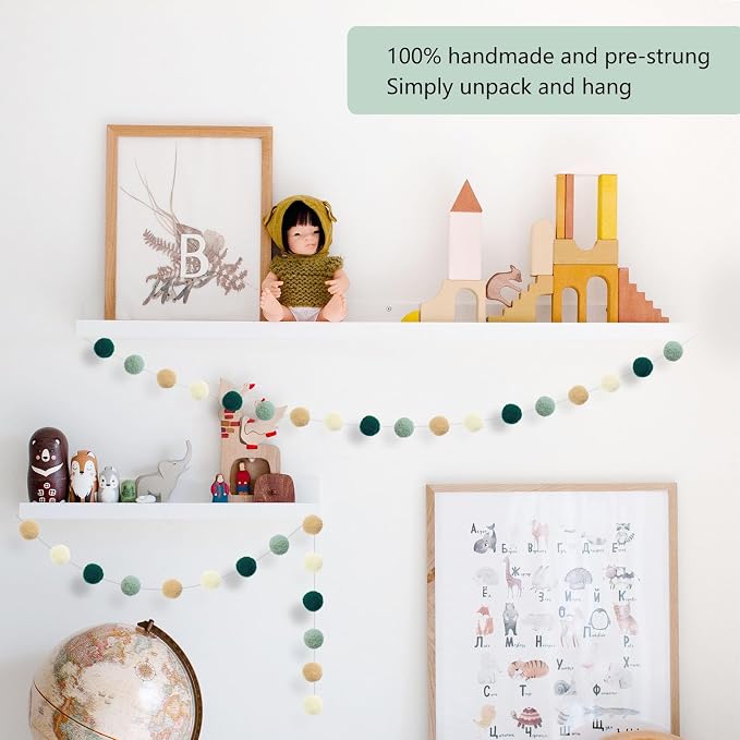 ANSOMO Sage Green Ribbon Felt Ball Garland Fabric Pom Pom Banner | Tan Brown - Image 4