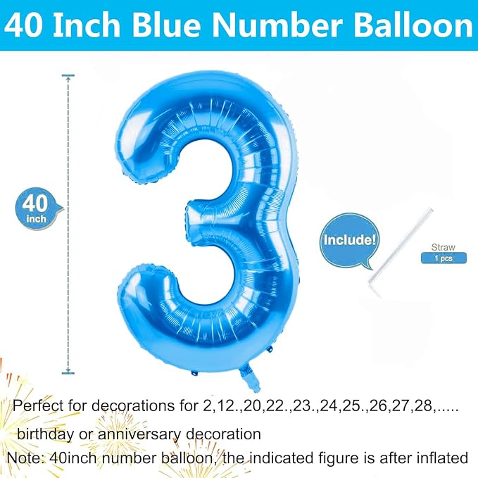 40 inch Blue Number Balloon Giant Foil Helium Balloons Blue Number 3 Balloon - Image 2