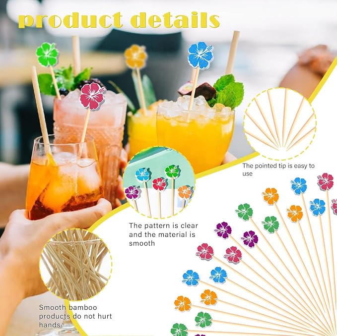 Hawaiian Hibiscus Cocktail Picks Summer Flower Decorative Toothpicks Fruit - Image 6