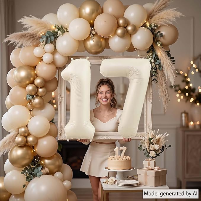 Cream Number 17 Balloon 40 Inch, Foil Numeral - Image 6