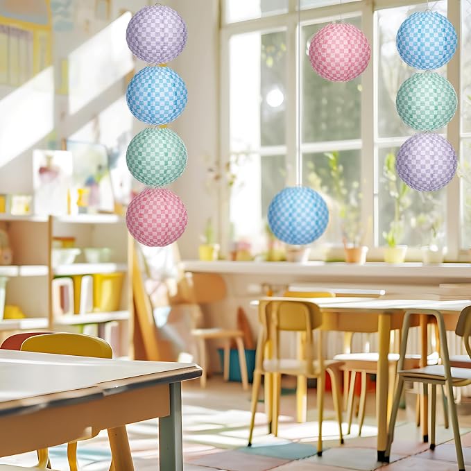 Baquler 12 Pcs Checkered Hanging Paper Lanterns Party Decorations, 8 Inch Round - Image 5