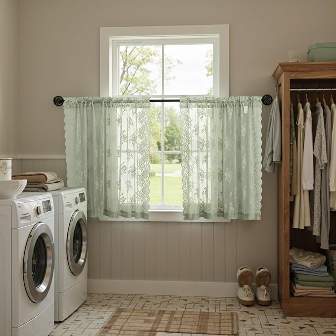 Kotile Sage Green Lace Floral Curtains - Image 4