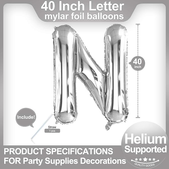 40 Inch Silver Letter N Balloons, DIY Phrase Foil Alphabet Letter N Balloons - Image 2