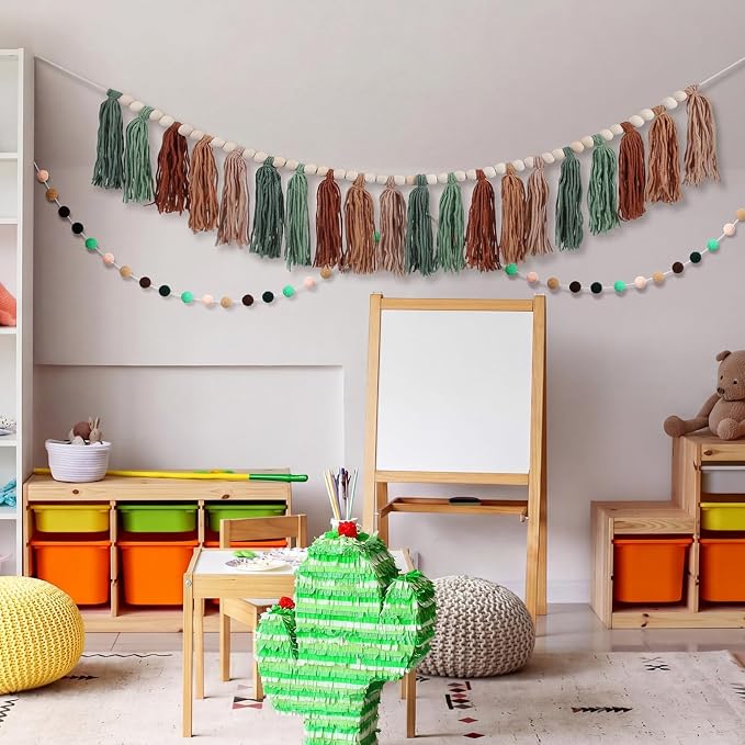 Hahafelt 3 Pcs Sage Green Brown Tassel Garland, Pom Pom Tassel Garland - Image 3
