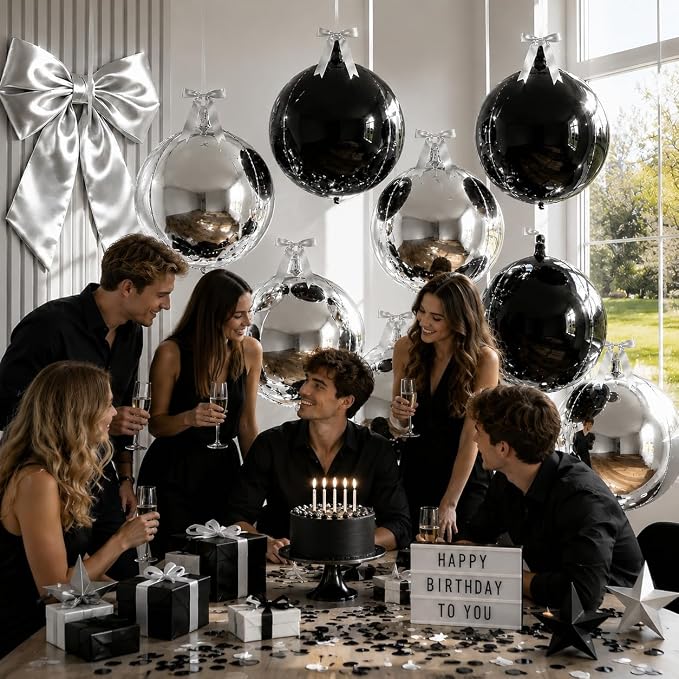 8 Pcs Black Silver Round Foil Balloons Metallic Silver Black 4D Ball Balloon - Image 3