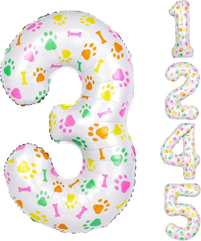 40 Inch Multi-color Dog Paw Balloons, Numeral 3 Birthday Balloons by AXBMM