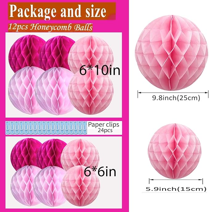 Pink Paper Honeycomb Balls, 6 and 10 inch Hanging Tissue Pompoms, 12 Pack Party - Image 2