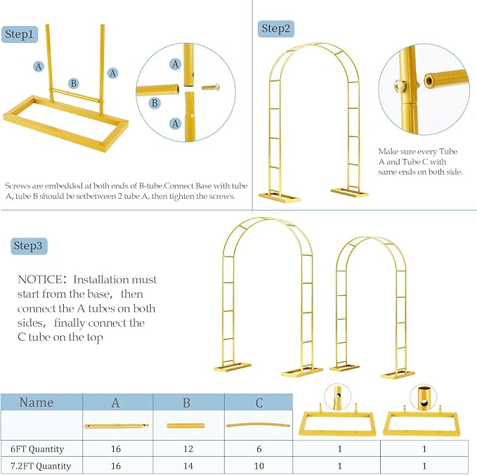 7.2FT 6FT Wedding Arch Backdrop Stand Set of 2, Balloon Arch kit | Metal Gold - Image 8