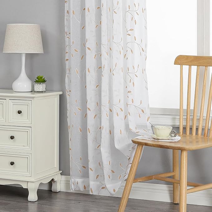 White Sheer Curtains Orange Leaf Embroidery Linen 96 Inches Long | Light - Image 7