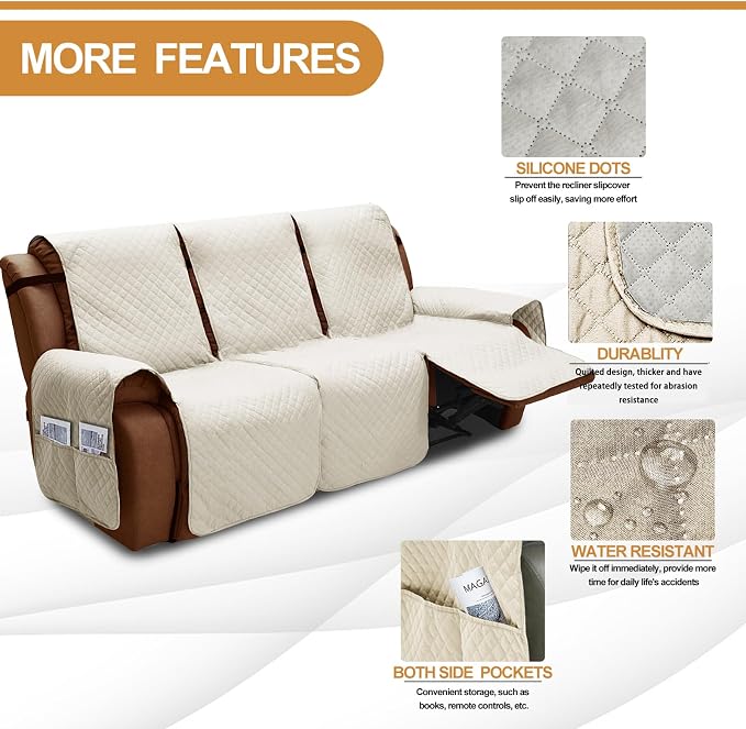 XINEAGE Water Resistant Recliner Cover, 3 seat Recliner Sofa Covers - Image 2
