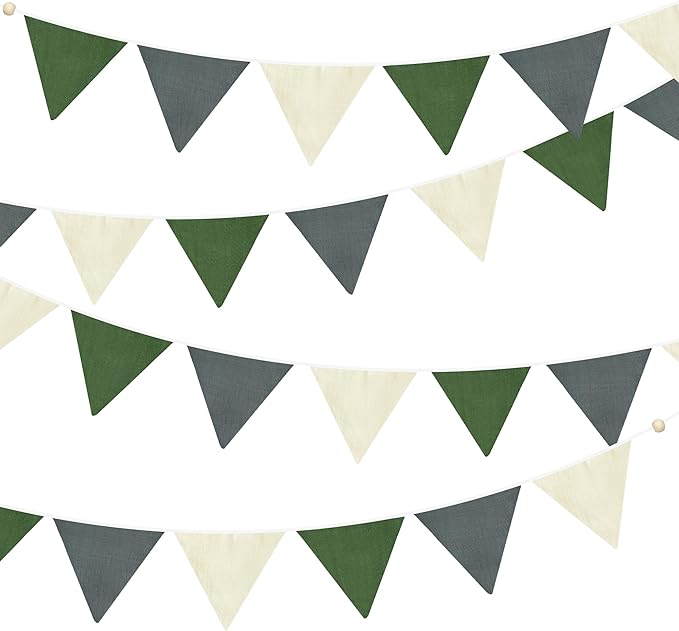 2 Sets of Green Grey Beige Nursery Garland 24Pcs Woodland Fabric Linen Pennant by pinkblume