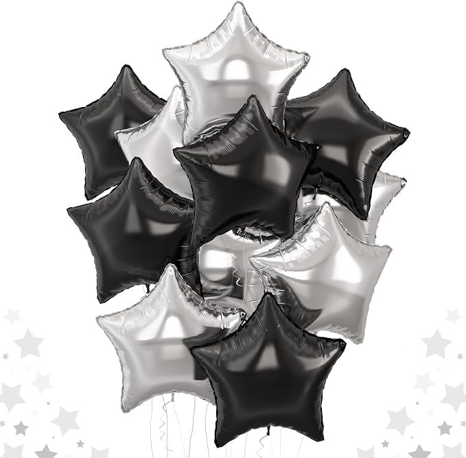 Black Silver Star Foil Balloons, 18 Inch Large Black and Metallic Silver Stars by TAOYE