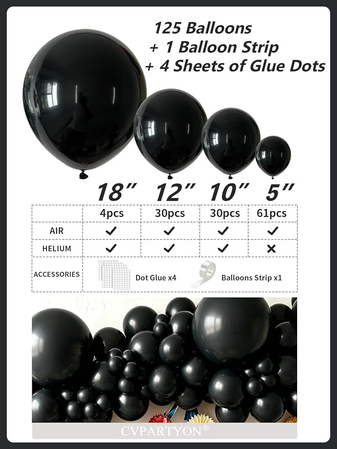 Black Balloons 125 Pcs Different Sizes 18 12 10 5 Inch Black Balloon Arch Kit - Image 3