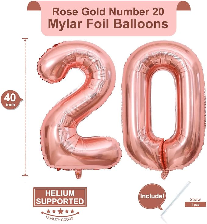 40 Inch Rose Gold 20 Number Balloons Giant 20 Balloons Rose Gold Birthday 20 - Image 2