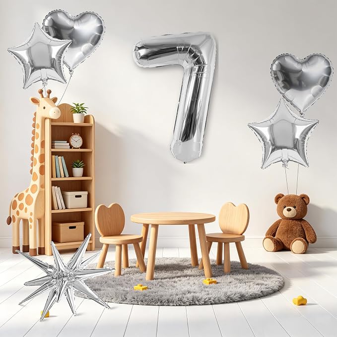 TONIFUL 7th Birthday Balloons Kit 40Inch Silver Large Number 7 Foil Balloon | - Image 4