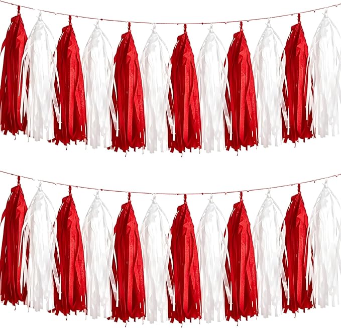 We Moment Red and White Tassel Garland，Tissue Tassel Banner by We+Moment