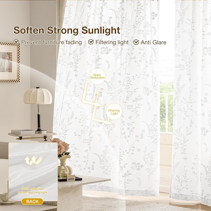 Anmao White Semi Sheer Light Filtering Curtains 96 Inches Long 2 Panels - Image 5