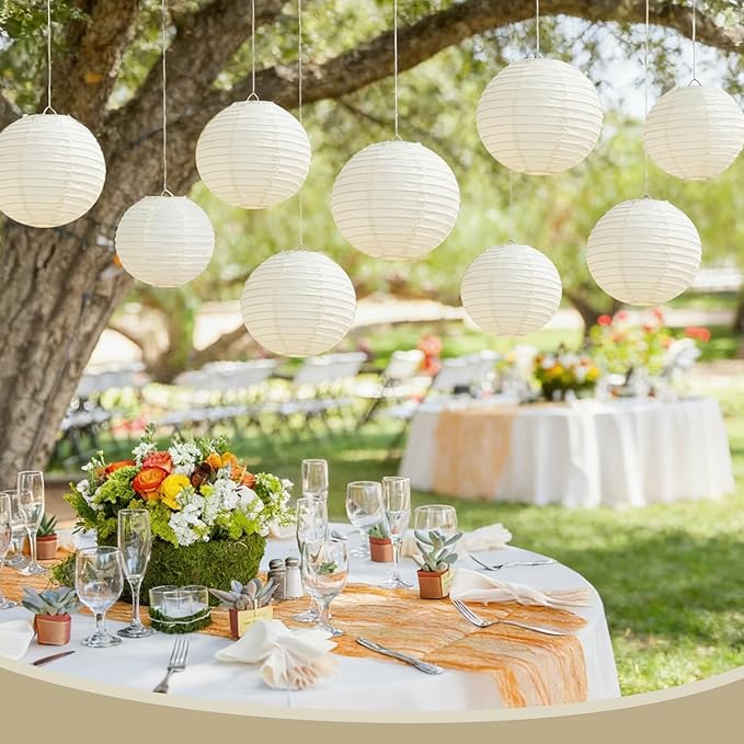 Cream Paper Lanterns 9Pcs Hanging Round Paper Lanterns Lamp - Image 7
