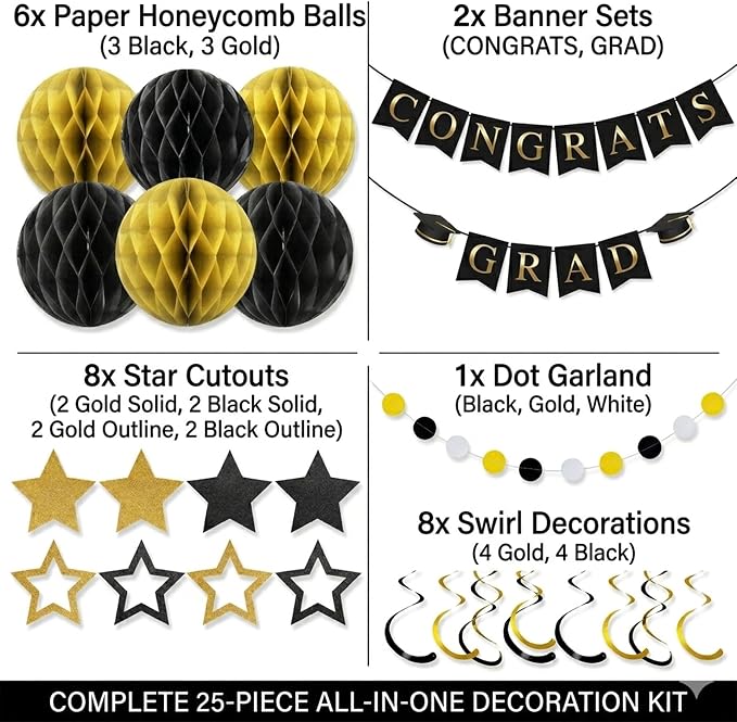 Graduation Decorations 2026-17Pcs Black and Gold Graduation Party Supplies - Image 2