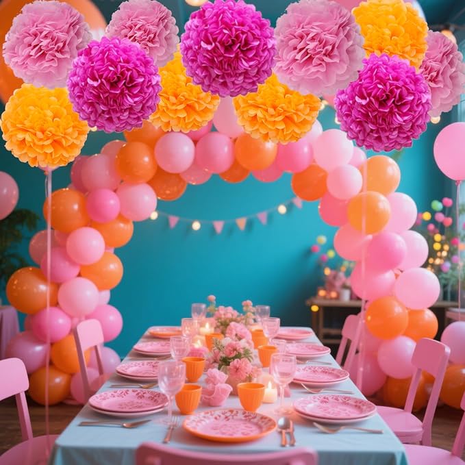 Rose Red, Light Pink and Orange Paper Pom Poms Decorations - Image 4