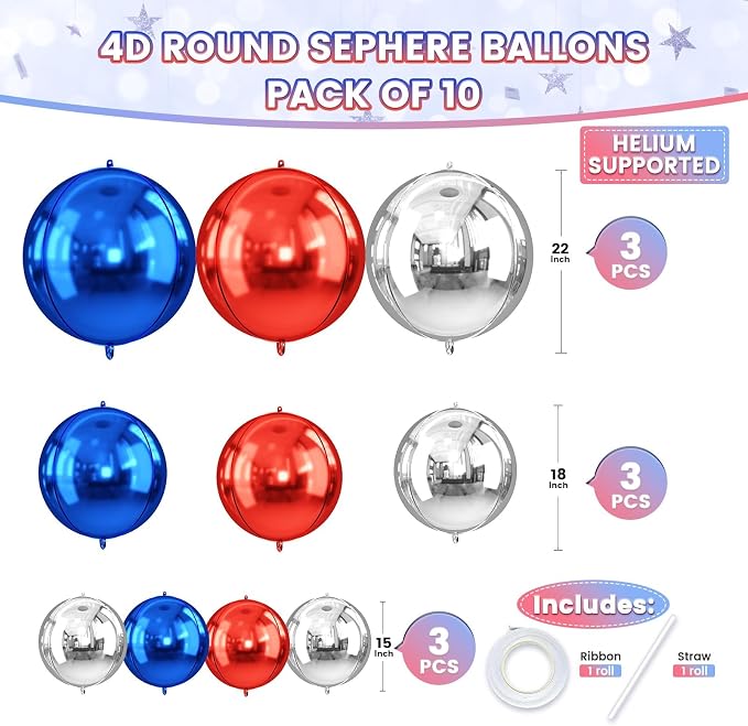 10Pcs Red and Blue Round Foil Balloons, Metallic Silver Red Blue Foil Baloon - Image 2