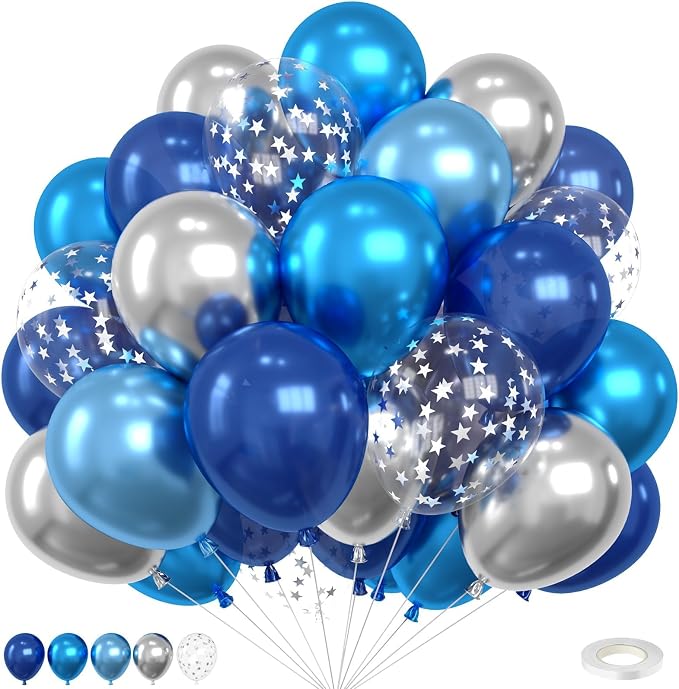 Blue Silver Balloons, 12 Inch Metallic Blue Pearl Blue Silver and Silver Star by FEYG