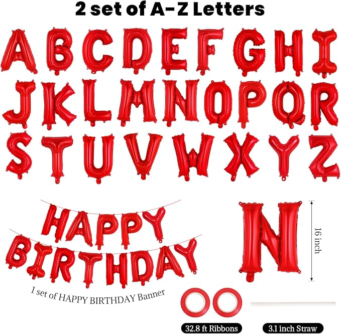 65 Pcs Red Happy Birthday Balloons, 2 Sets A-Z Red Letters Foil Balloons - Image 2