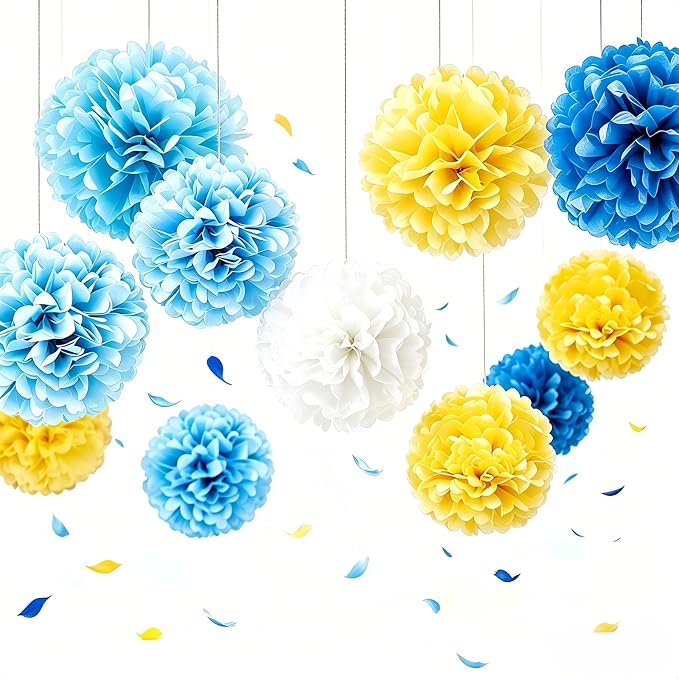 AimtoHome Blue Yellow White Paper Flower Pom Poms, 6/8/10 Inch Assorted Sizes by AimtoHome