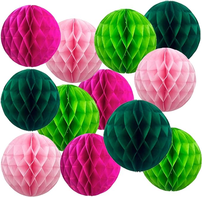 Hot Pink and Green Paper Honeycomb Balls, 6 and 10 inch Hanging Tissue Pompoms by Unknown
