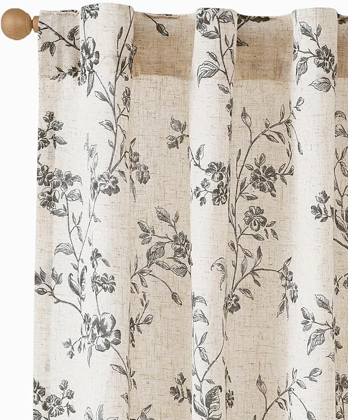 jinchan Black Floral Linen Curtains 84 Inch Farmhouse Back Tab 2 Panels | - Image 3