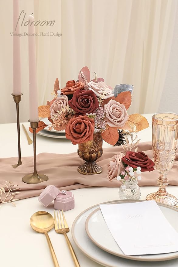 Floroom Artificial Flowers 25pcs Real Looking Terracotta Ombre Colors Foam Fake Roses with Stems for DIY Wedding Bouquets Bridal Shower Floral Centerpieces Party Tables Home Decorations