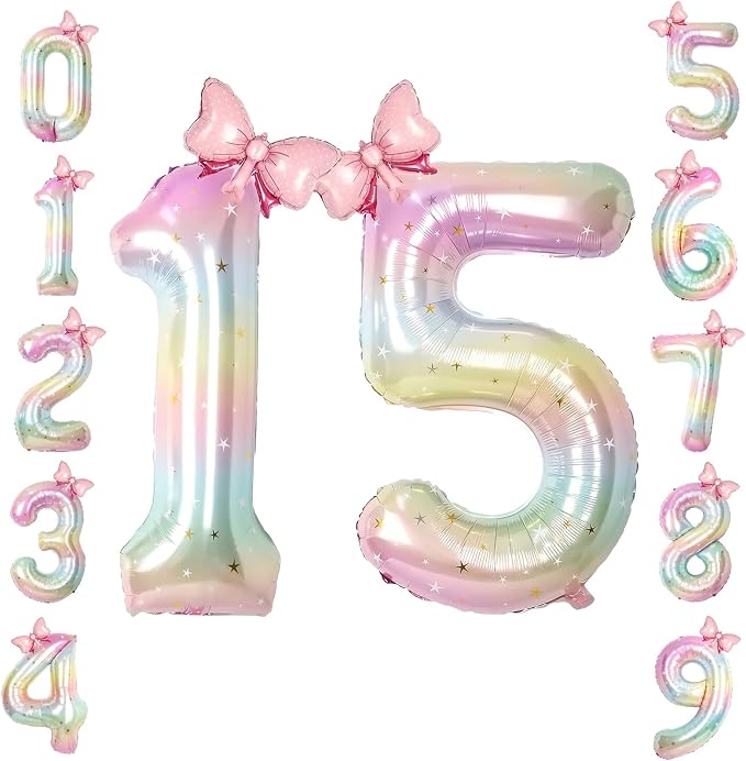40" Giant Pastel Rainbow Number 15 Balloon Foil Pink Bow Decor Kit | by TNCDJKPA