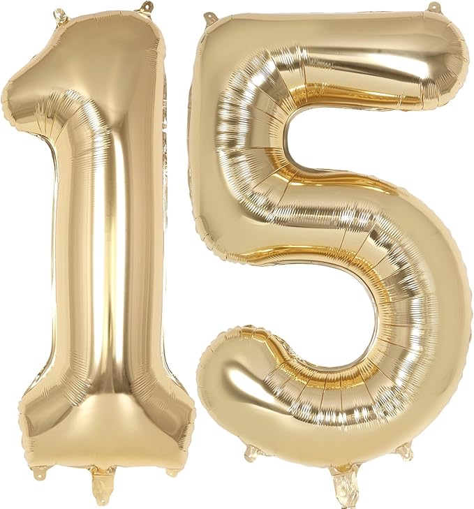Champagne Gold Large Number 15 Balloon, 40 Inch Light Gold Foil Helium Number by AIQINHU