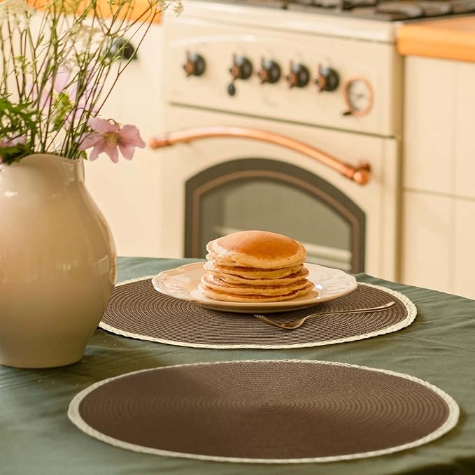 Round Placemats Set of 6, Woven Table Mats, Thin Edge, Coffee Brown | Braided - Image 6