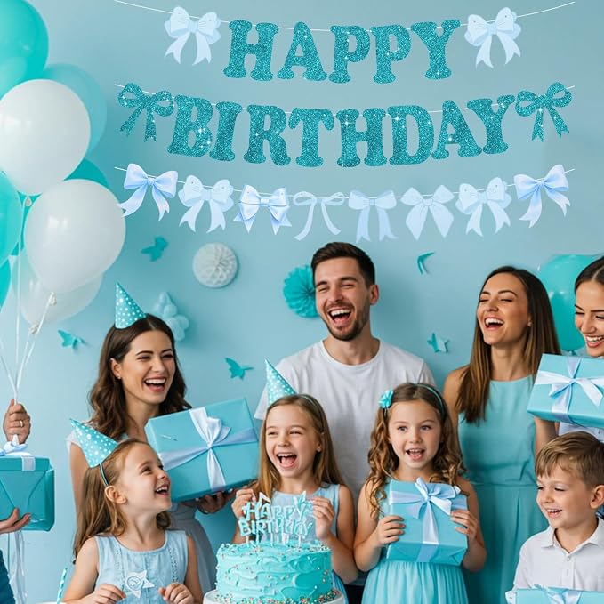 Glitter Lake Blue Bow Happy Birthday Banner Pre-Strung Happy Birthday - Image 4