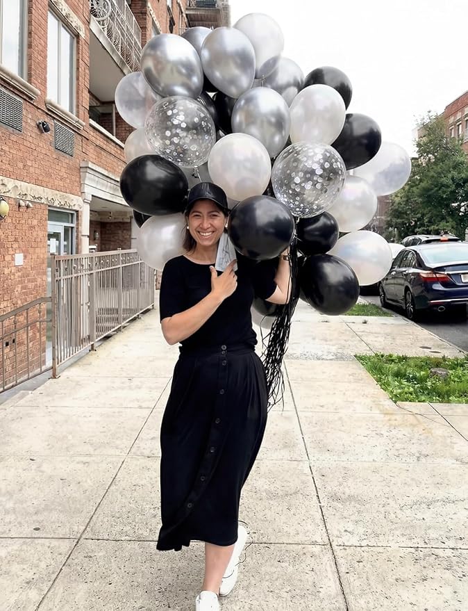 Black and Silver Balloons, Glitter Confetti Latex Balloon - Image 6