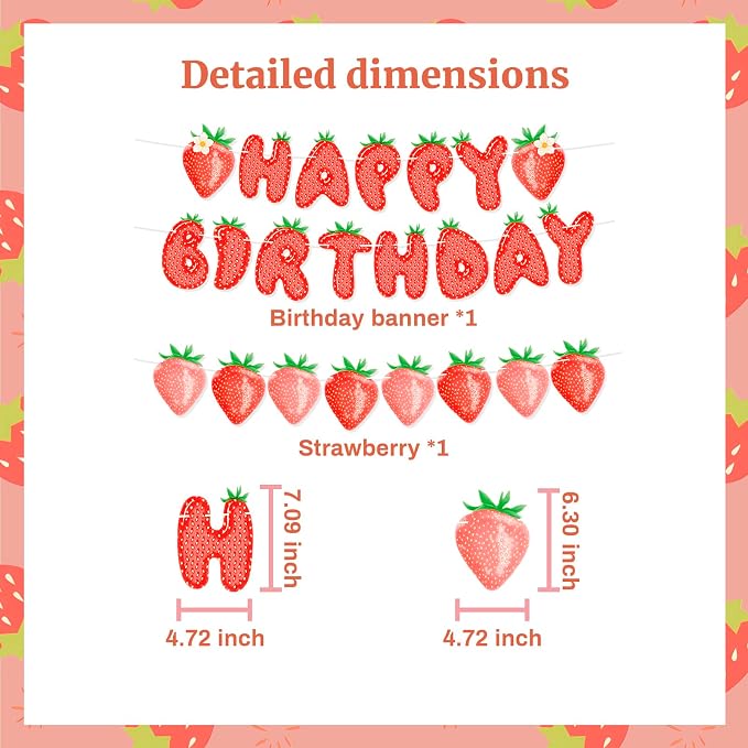 MEETINGU Strawberry Happy Birthday Banner, Fruit Theme Party Decoration - Image 2